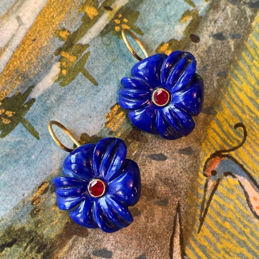 Gem Palace Hand-Carved Floral Drop Earrings - Lapis And Ruby Best