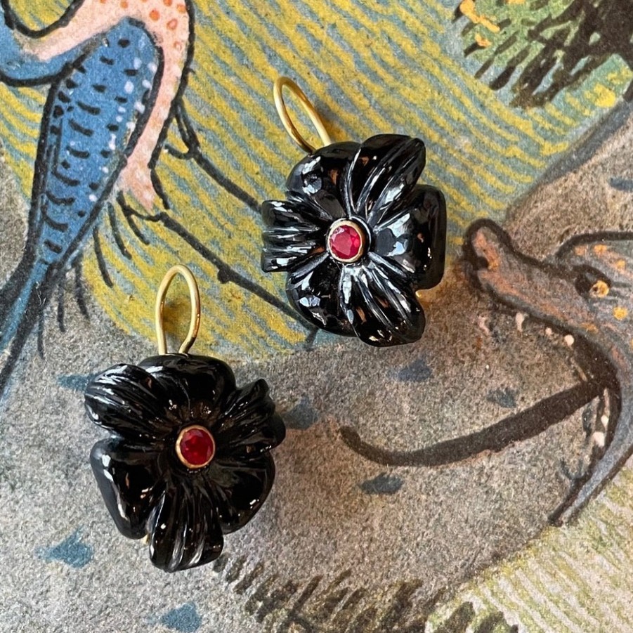 Gem Palace Hand-Carved Floral Drop Earrings - Onyx And Ruby Best