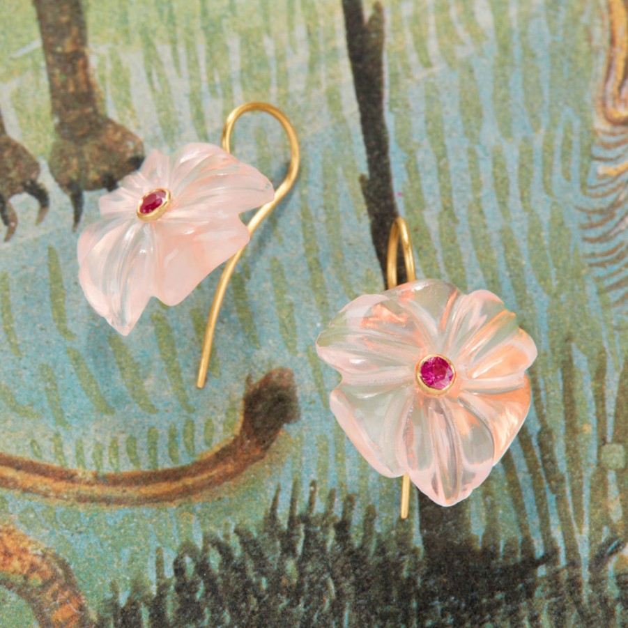 Gem Palace Hand-Carved Floral Drop Earrings - Rose Quartz And Pink Tourmaline Wholesale