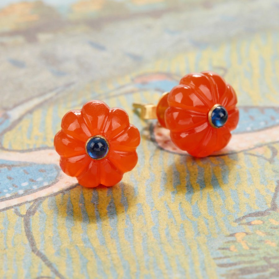 Gem Palace Hand-Carved Floral Post Earrings - Carnelian And Sapphire Wholesale