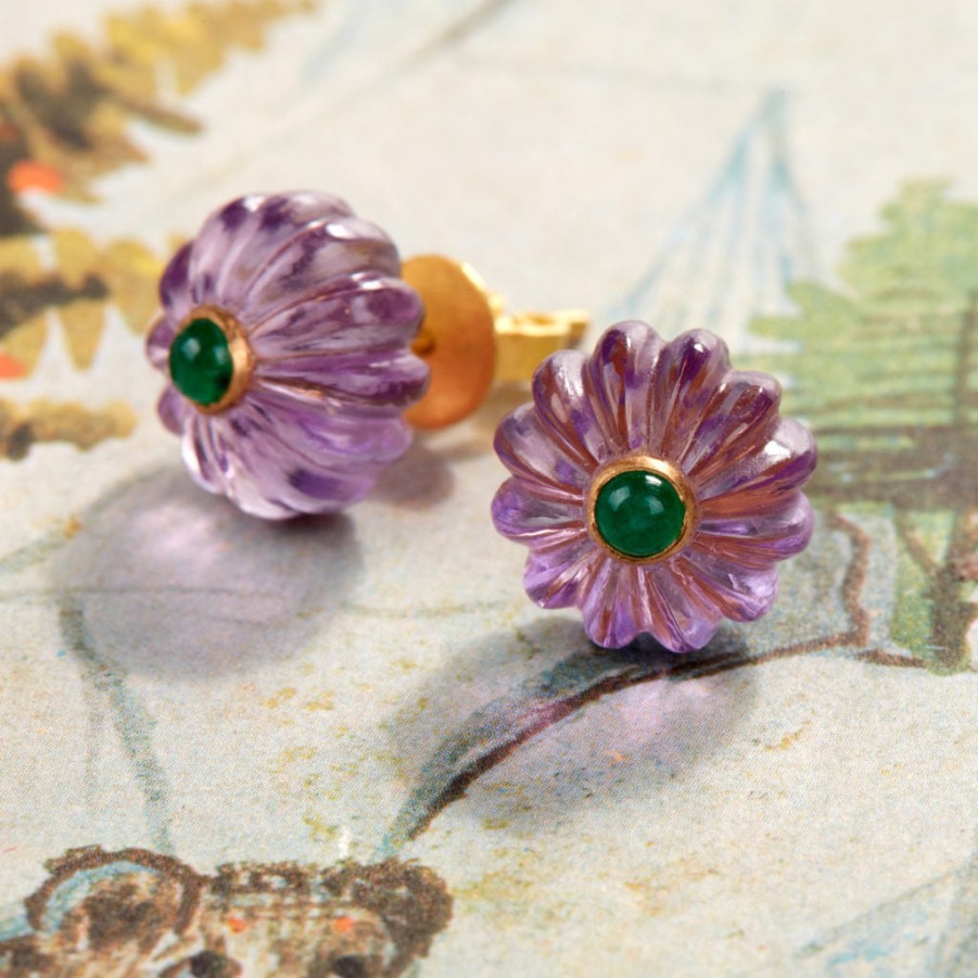 Gem Palace Hand-Carved Floral Post Earrings - Amethyst And Emerald Wholesale